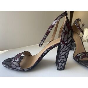 Merona Lulu Burgundy & Silver Floral Brocade Block Heel Sandal Shoes Size 7.5